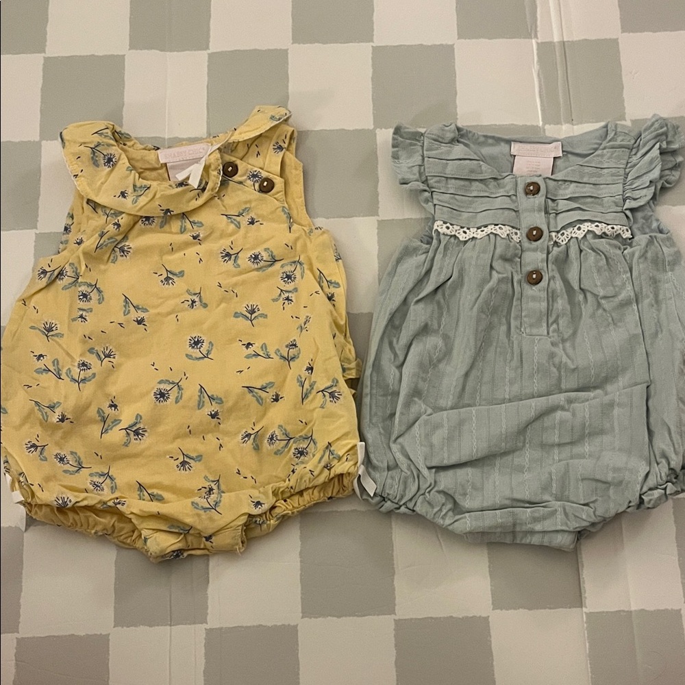 Shabby Chic Yellow Floral and Green Striped Rompers